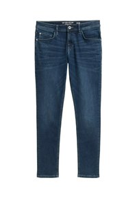 Donkerblauwe denim jeans met een slim fit, vijf-pocket ontwerp en subtiele slijtage op de voorkant. Voorzien van een knoopsluiting en riemlussen.