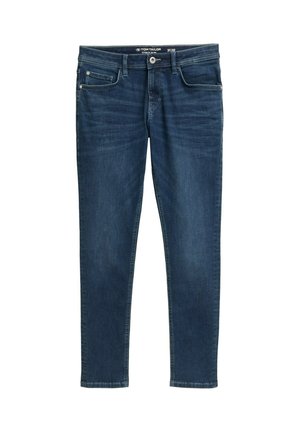 Jeans in denim blu scuro con vestibilità slim, design a cinque tasche e leggeri effetti di usura sulla parte frontale. Presentano una chiusura con bottone e passanti per cintura.