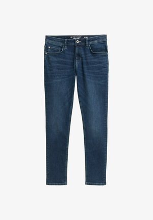 Temno modri kavbojki z ozkim izrezom, zasnovo s petimi žepi in subtilnim brisanjem spredaj. Imajo zaponko in zanke za pas.