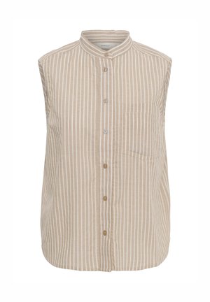 Beige en wit verticaal gestreept mouwloos overhemd met mandarin kraag, knopen aan de voorkant en een linker borstzak.