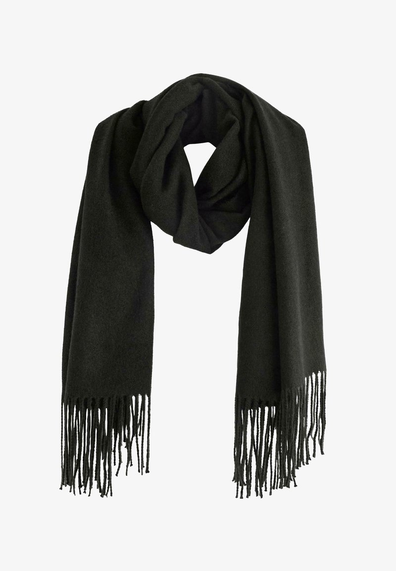 Schwarzer Schal aus weichem Material, mit einem drapierten Design und langen Fransen an beiden Enden. Einfaches und vielseitiges Aussehen.