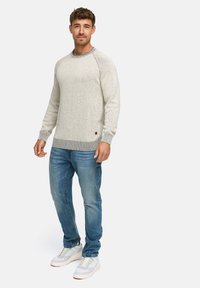 Jonge man die staat te poseren in een lichtgrijze gespikkelde trui, blauwe jeans en witte sneakers tegen een effen lichte achtergrond.