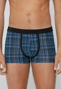 Mužský trup a horní stehna oblečené v modrých a černých kostičkovaných boxerkách s černým pasem a lemem.