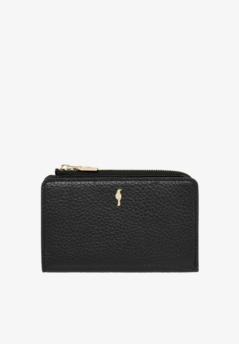 Czarny skórzany portfel o teksturowanym wykończeniu, z złotym logo, zamknięciem na zamek i kompaktowym prostokątnym kształcie.