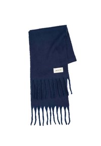 Navyblauwe sjaal van zachte stof met franjes en een geweven label waarop "ARCTIC FOX" staat. Gladde textuur, rechthoekige vorm.