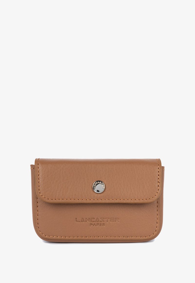 Brown leather wallet with a smooth texture, metal snap closure, and embossed "LANCASTER PARIS" logo on the front. Compact rectangular shape.