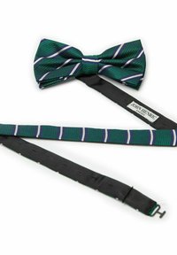Grön och marinrandig fluga med strukturerad yta. Justerbar svart rem med krokspänne och logotypetikett på undersidan.