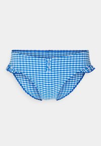 Parte de baixo de fato de banho em padrão gingham azul e branco com bordas franzidas, apresentando dois botões decorativos na frente e uma textura suave.