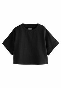 T-shirt noir court en coton. Doté d'un col rond et de manches courtes et larges avec une texture unie. Design simple, sans motifs.