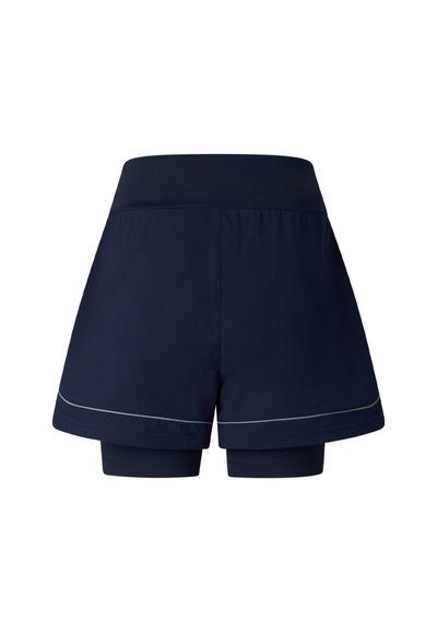 Marineblaue Sportshorts mit eingebauten Kompressionsleggings, breitem Bund und reflektierendem Besatz am unteren Saum.
