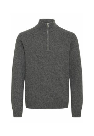 Gray wool sweater with a high collar and a short zipper. Ribbed cuffs and hem create a fitted look. Soft texture, no patterns or accents.