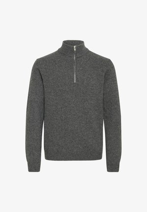 Gray wool sweater with a high collar and a short zipper. Ribbed cuffs and hem create a fitted look. Soft texture, no patterns or accents.