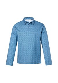 Košile s dlouhým rukávem v světlé modré barvě s vířivým vzorovaným designem, vybavená límcem na knoflíky a třemi knoflíky podél légy.