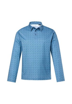 Camicia a maniche lunghe di colore blu chiaro con un design a motivo vorticoso, dotata di colletto con bottoni e tre bottoni lungo la patta.