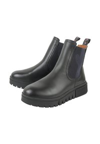 Czarne skórzane botki Chelsea z elastycznymi bocznymi panelami i pętlami do zakupu, z teksturowaną gumową podeszwą i zaokrąglonym czubkiem.