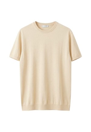 Maglietta maglia beige a maniche corte con scollo tondo e orli a costine, mostrata su sfondo bianco.