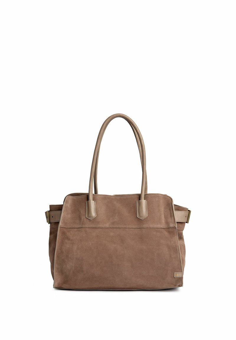 Hnědá semišová kabelka se dvěma zaoblenými madly, obdélníkového tvaru a s přezkami po stranách na bílém pozadí.