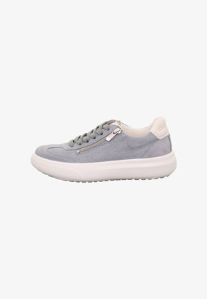 Light gray suede sneaker with white sole, gray laces, side zipper, and padded white heel collar, viewed from outer side.