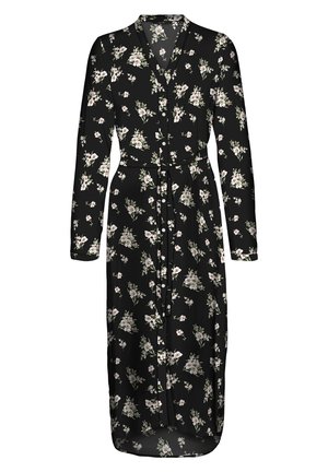 Robe noire à motifs floraux avec manches longues, longueur jusqu'aux genoux, fermeture à boutons sur le devant et ceinture à la taille. Elle présente un motif de petites fleurs roses et de feuilles vertes.