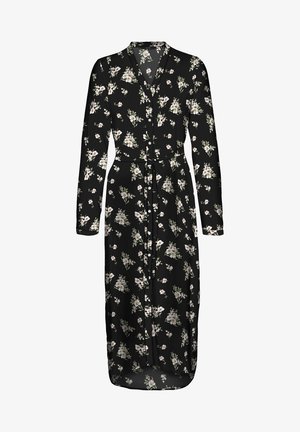 Robe noire à motifs floraux avec manches longues, longueur jusqu'aux genoux, fermeture à boutons sur le devant et ceinture à la taille. Elle présente un motif de petites fleurs roses et de feuilles vertes.