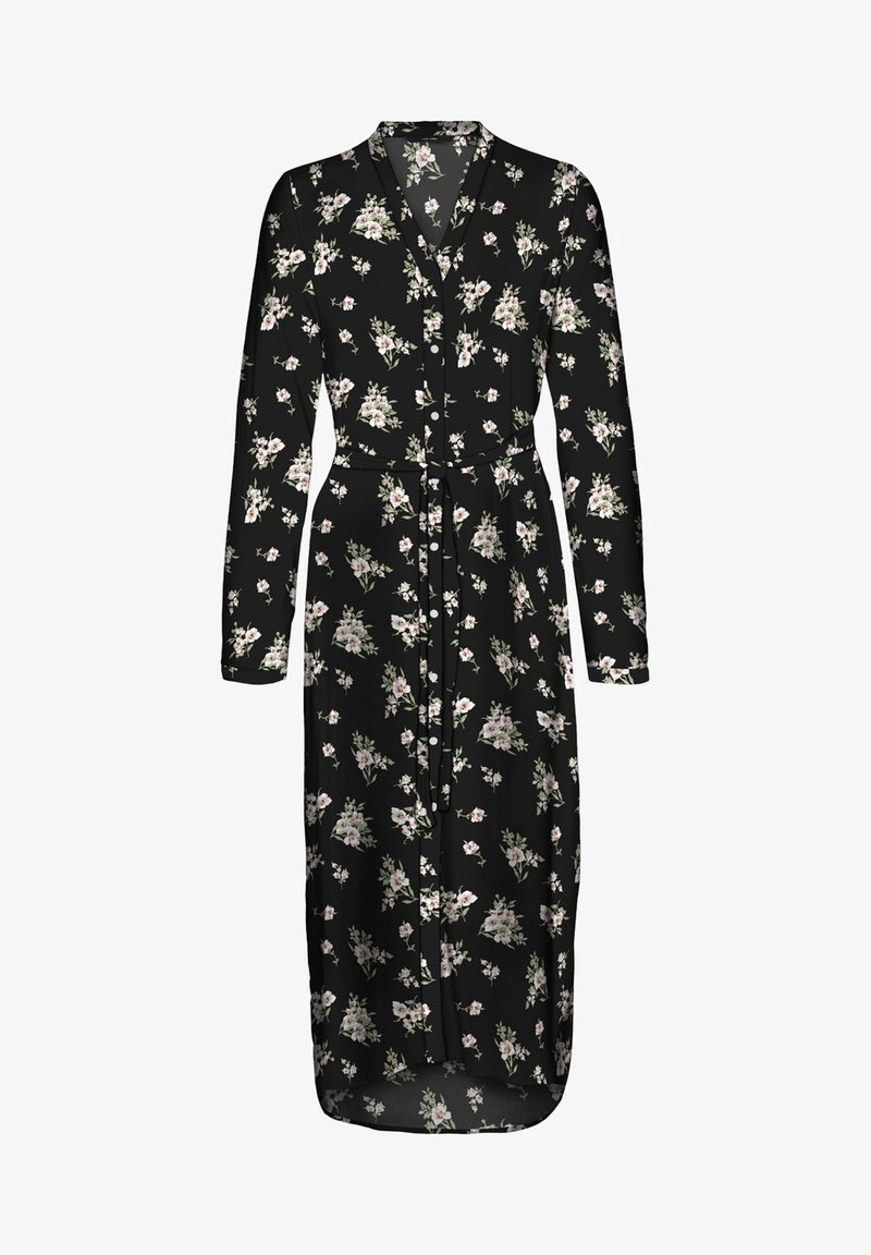 Robe noire à motifs floraux avec manches longues, longueur jusqu'aux genoux, fermeture à boutons sur le devant et ceinture à la taille. Elle présente un motif de petites fleurs roses et de feuilles vertes.