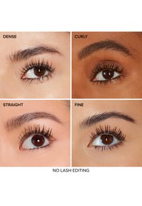 Vier close-ups van ogen tonen verschillende wimpers: dicht, krullend, recht en fijn. Elke wimper heeft unieke lengtes en volheid, allemaal met een natuurlijke uitstraling.