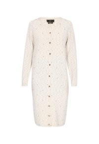 Creme cardigan lavet af blødt materiale med en knælang design, der har knaplukning foran, lange ærmer og diskrete teksturerede detaljer.