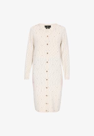 Cardigan crem cu un material moale, cu un design până la genunchi, având închidere cu nasturi, mâneci lungi și embellismente subtile texturate.