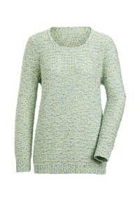 Groene gebreide trui met lange mouwen, ronde hals, textuurpatroon en geribbelde boorden en onderrand. Gemaakt van zacht garen met gespikkelde details.