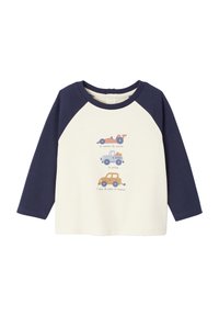 Langärmliges Baumwoll-T-Shirt mit cremefarbenem Körper und marineblauen Raglanärmeln, versehen mit Carton-Autos und Text in Blau und Orange.