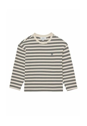 Bluzka z długim rękawem w kremowym kolorze w paski z czarnymi poziomymi liniami i małym logo litery „R” na przodzie. Miękki materiał i okrągły dekolt.