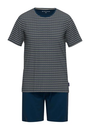 Gestreiftes Baumwoll-T-Shirt in Marineblau und Beige, mit kurzen Ärmeln, kombiniert mit einfarbigen Marineblauen Shorts, die einen elastischen Bund und eine Kordelzugdetails aufweisen.