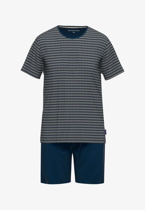 Gestreiftes Baumwoll-T-Shirt in Marineblau und Beige, mit kurzen Ärmeln, kombiniert mit einfarbigen Marineblauen Shorts, die einen elastischen Bund und eine Kordelzugdetails aufweisen.