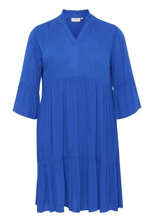 Blue, knee-length dress with a V-neck and ruffled collar. Flared sleeves and tiered skirt detail, made of lightweight fabric with a smooth texture.