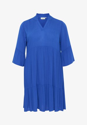 Modrá, po kolená siahajúca šaty s výstrihom do V a volánovým golierom. Rozšírené rukávy a detail sukne v pieskových vrstvách, vyrobené z ľahkej tkaniny s hladkým povrchom.