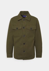 Olivengrøn uldblandet jakke med krave, knaplukning foran og to brystlommer med klapdetaljer og sorte knapper.