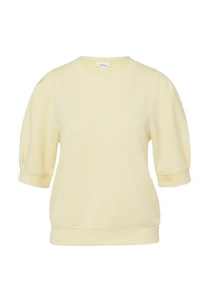 Hellgelbe, kurzärmelige Bluse mit gerafften Ärmeln, rundem Ausschnitt sowie gerippten Bündchen und Saum, dargestellt auf weißem Hintergrund.