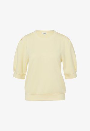 Hellgelbe, kurzärmelige Bluse mit gerafften Ärmeln, rundem Ausschnitt sowie gerippten Bündchen und Saum, dargestellt auf weißem Hintergrund.