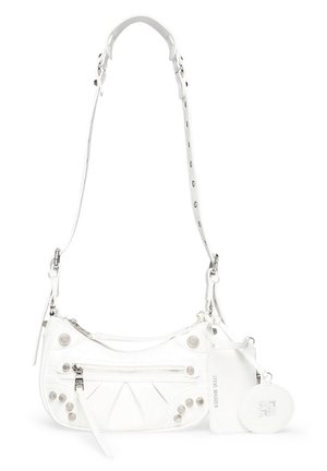 White leather shoulder bag with silver studs, zipper pocket, adjustable strap, and attached small pouch and round coin case.