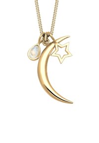 Pendentif en or en forme de croissant de lune avec une étoile et une gemme opalescente en forme de goutte. Fini lisse ; collier à chaîne délicate.