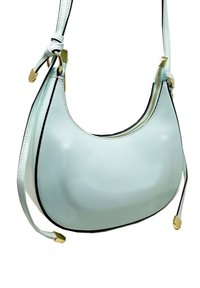 Mintgroene leren schoudertas met een gebogen vorm, gouden hardware accenten en zwarte afwerking. Voorzien van een ritsluiting aan de bovenkant.