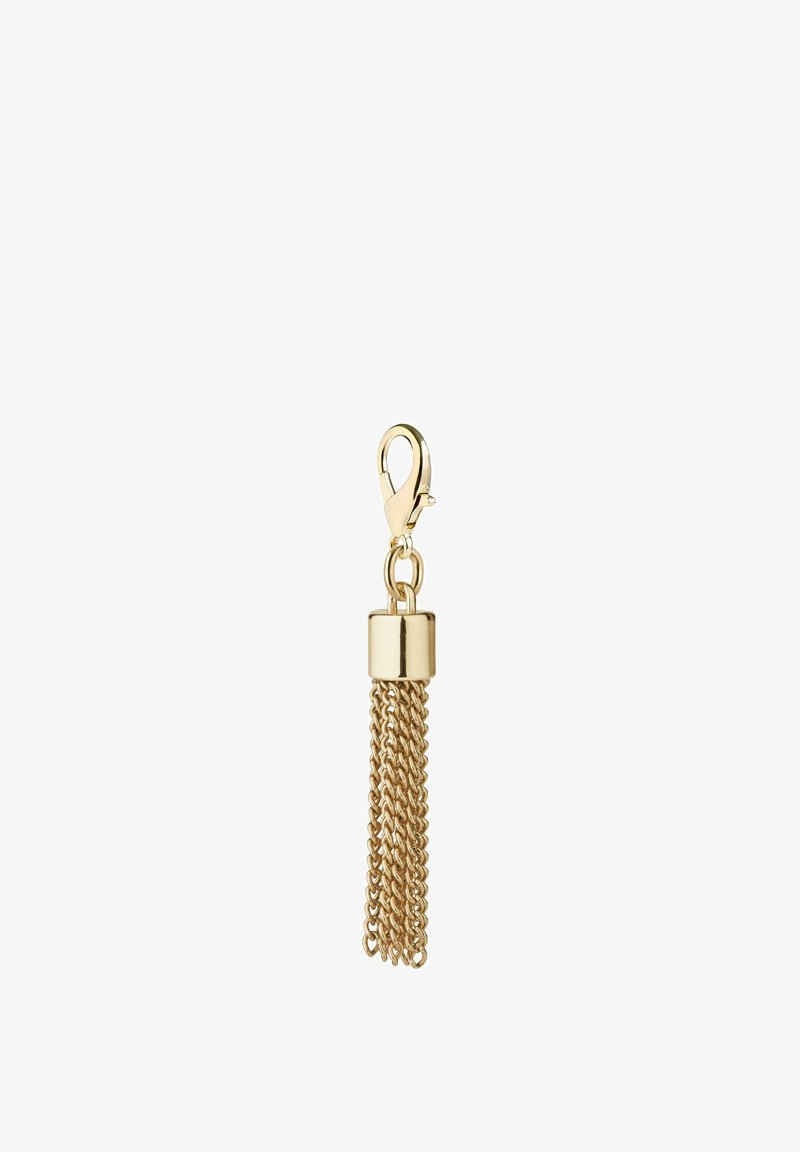 Goldfarbener Metallanhänger mit Karabinerhaken, der mehrere hängende Ketten für einen Quasten-Effekt aufweist, mit glatter Oberfläche und zylindrischem oberem Detail.