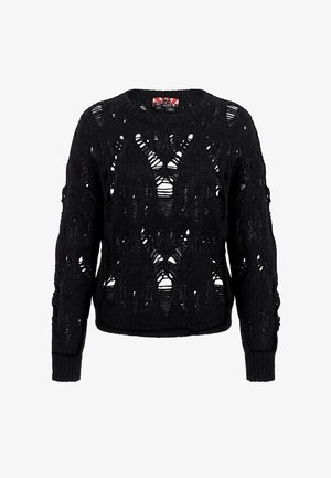 Sort strikket sweater med bevidst store huller og distressed mønster over det hele, lange ærmer samt ribbet manchet og kant.