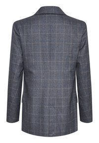 Dopasowana marynarka w niebiesko-szarym wzorzystym materiale, z wyciętym kołnierzem, długimi rękawami i pojedynczym rozcięciem z tyłu.