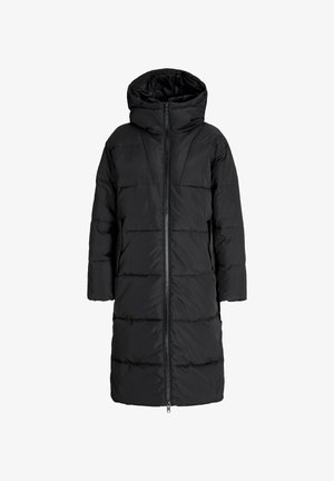 Črn podložen dolg plašč s kapuco, ki ima sprednji zadrgo, prešito teksturo in ravno silhueto.