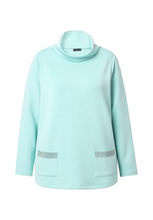 Mintgrøn langærmet top med rund halsudskæring og to forlommer med gnistrede detaljer. Glat, elastisk stof.