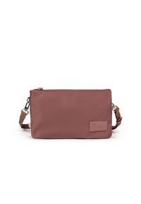 Pink synthetic crossbody bag with a zippered closure, adjustable strap, and a rectangular patch detail on the front. Smooth texture.