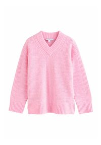 Soft pink knitted sweater with V-neck, long sleeves, and ribbed cuffs and hem, featuring a textured pattern throughout.