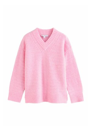 Weicher, rosa gestrickter Pullover mit V-Ausschnitt, langen Ärmeln und gerippten Bündchen und Saum, der ein strukturiertes Muster aufweist.
