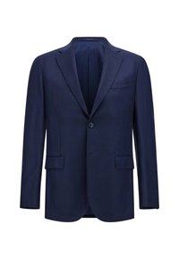 Blazer bleu marine en tissu texturé, avec une fermeture à un bouton, deux poches avant et un col cranté.